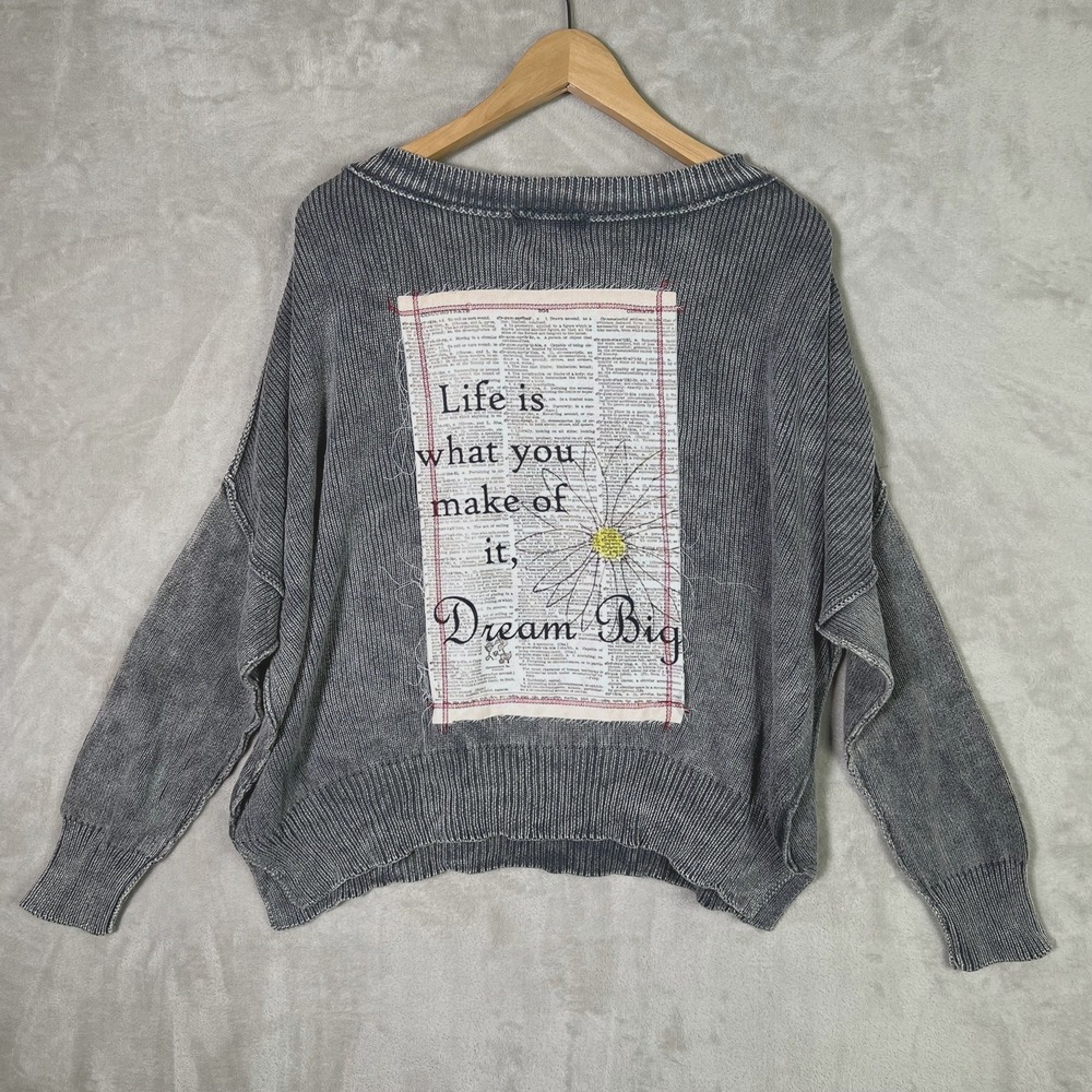 The Nu Vintage Sweater Small Dream Big Gray Acid Wash Oversized Graphic Patch